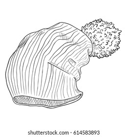 Vector Single Sketch Winter Knitted Hat with Pompom