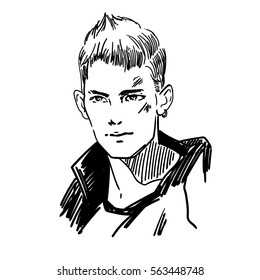 Vector single sketch young sexy male face. Men hairstyle