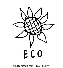 Vector single sunflower. Ecological illustration doodle black line on a white isolated background. Design for social media, web, cards, textiles, wrapping paper, packaging, prints, coloring.