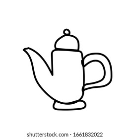 Vector single teapot. Ecological illustration doodle black line on a white isolated background. Design for social media, web, cards, textiles, wrapping paper, packaging, prints, coloring.