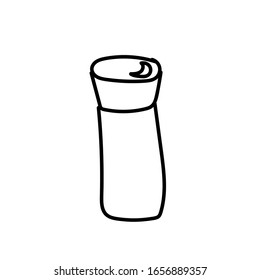 Vector single thermos. Ecological illustration doodle black line on a white isolated background. Design for social media, web, cards, textiles, wrapping paper, packaging, prints, coloring.
