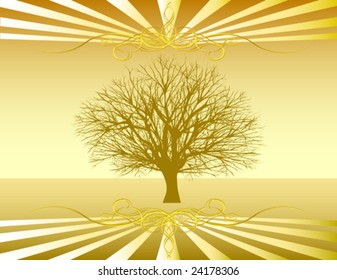 Vector Single tree over bare landscape with decorative elements on top and bottom
