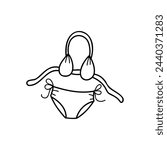 Vector single two-piece swimsuit element in doodle style. Black and white clipart. Summer stock isolated illustration on white background. Great for Easter Cards, banner, textiles, wallpapers.