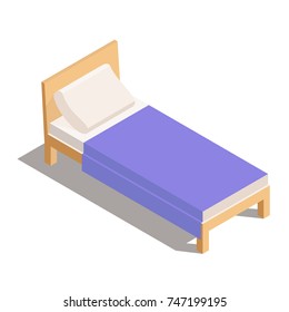 Vector Single Wooden Bed isometric. bed with blanket and pillow. Vector illustration isolated from background