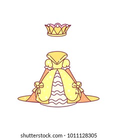 vector single yellow dress with crown. Little Princess concept. Cute girlish poster. Vintage medieval decor. 