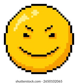 Vector Single Yellow Pixel Art Evil Emoticon on White Background