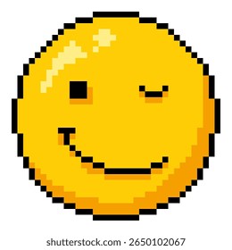 Vector Single Yellow Pixel Art Winking Emoticon on White Background