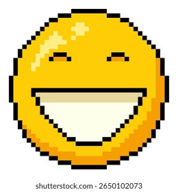 Vector Single Yellow Pixel Art Happy Emoticon on White Background