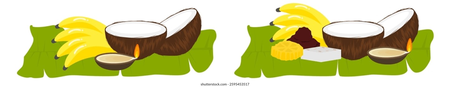 Vector Sinhala and Hindu New Year decorations with coconut, banana, betel leaves and banana leaf.