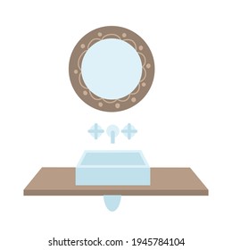 Vector sink on wood table and mixer tap. Ceramic sink for bathroom, toilet. Flat style vector stock illustration. Vintage mirror with wooden frame. Bathroom interior decor.