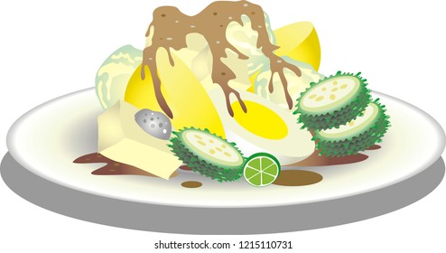 Vector - Siomay, Boiled cabbage, potato, bistre gourd, ego, With Peanut Sauce, Indonesian Food From West Java