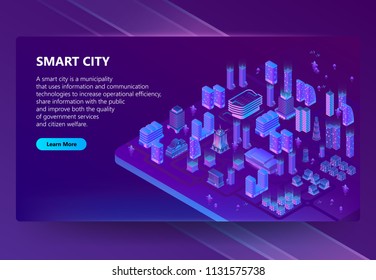 Vector site with 3d isometric megapolis, city in violet colors. Network portal with button. Collection of houses, skyscrapers, buildings with ultraviolet lighting on background