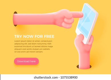 Vector site banner concept - cartoon 3d realistic hand holding cell phone and other hand touch the screen, with place for your text and button. Application landing template.