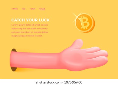 El concepto de la pancarta del sitio vectorial - caricatura 3d palmas plásticas atrapando bitcoin dorado, con lugar para su texto y botón. Plantilla de aterrizaje de criptodivisa.