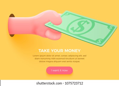 Vector site banner concept - cartoon 3d realistic hand holding dollar bill, with place for your text and button. Cashback landing template.