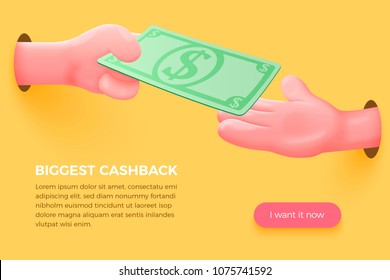 Vector site banner concept - cartoon 3d realistic hands holding dollar bill, with place for your text and button. Cashback landing template.