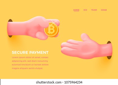 Vector site banner concept - cartoon 3d realistic hand give golden bitcoin to other, with place for your text and button. Cryptocurrency landing template.