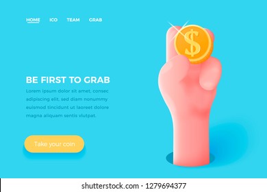 Vector site banner concept - cartoon 3d realistic hand holding golden dollar coin, with place for your text and button. Money landing page template.