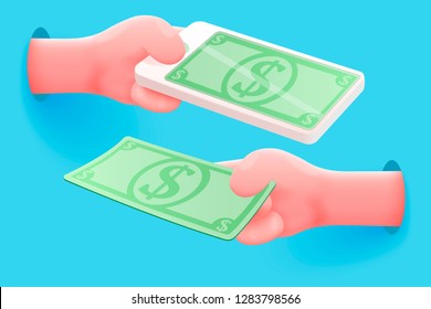 Vector site banner concept - cartoon 3d realistic hand holding mobile phone and with dollar banknote. Mobile money exchange concept.
