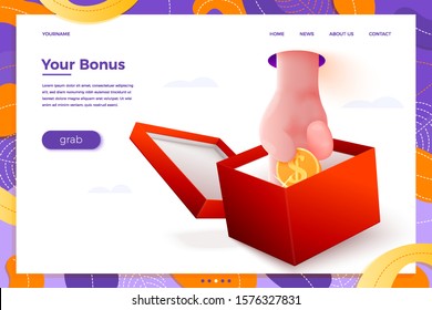 Vector site banner concept - cartoon 3d realistic hand taking coin from present box, with place for your text and button. Welcome gift landing page template.