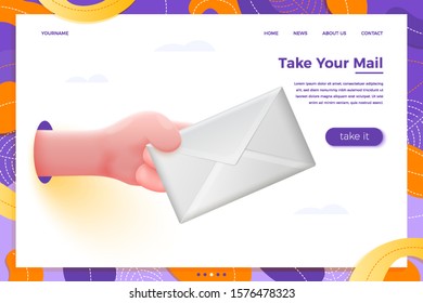 Vector site banner concept - cartoon 3d realistic hand holding white envelope, with place for your text and button. Welcome gift landing page template.