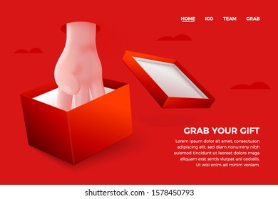 Vector site banner concept - cartoon 3d realistic hand taking present from gift box, with place for your text and button. Cashback landing page template.
