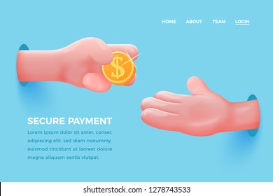 Vector site concept - cartoon 3d realistic hand give golden dollar to other, with place for your text. Finance landing page template.