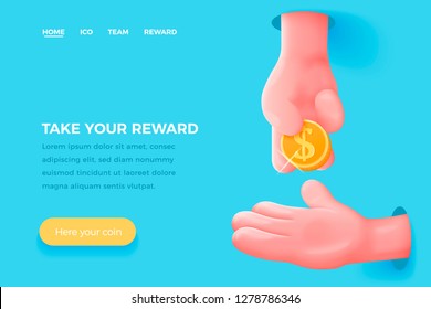 Vector site concept - cartoon 3d realistic hand give golden dollar to other, with place for your text. Finance landing page template.