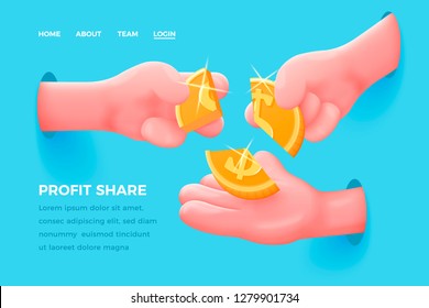 Vector site concept - cartoon 3d realistic hands share golden dollar, with place for your text. Finance landing page template.