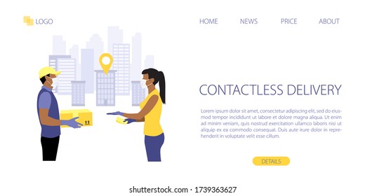Vector site template of safe contactless delivery service. Online order fast delivery concept.  Landing page illustration. Courier in protective mask and gloves with box and woman recieve order