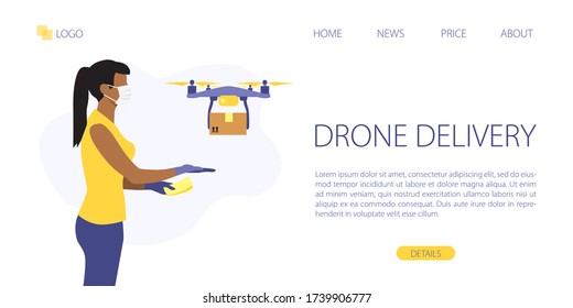 Vector site template of safe contactless delivery service. Online order fast delivery concept.  Landing page illustration. Flyinf drone with delivery box and girl in mask receiving order