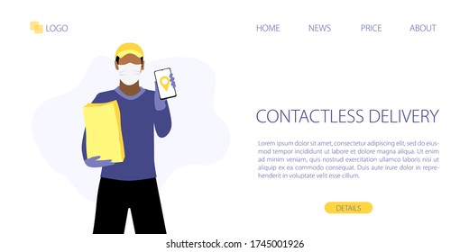 Vector site template of safe contactless delivery service. Online order fast delivery concept.  Landing page illustration. Courier in protective mask and gloves with delivery package and smartphone