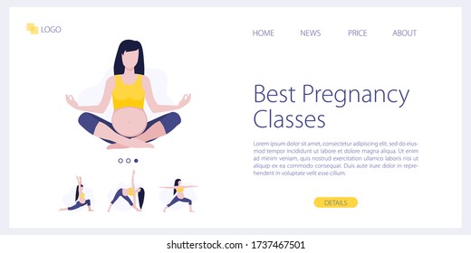 Vector site template of yoga studio or online class. Pregnant yoga fitness concept. Wellness and healthy lifestyle in pregnance. Woman expecting a baby doing yoga exercises. Landing page illustration