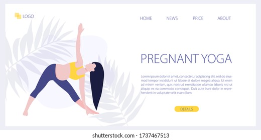 Plantilla de sitio vectorial de estudio de yoga o clase en línea. El concepto de fitness de yoga preñado. Bienestar y estilo de vida saludable en el embarazo. Mujer esperando a un bebé haciendo ejercicios de yoga. Ilustración de la página de aterrizaje