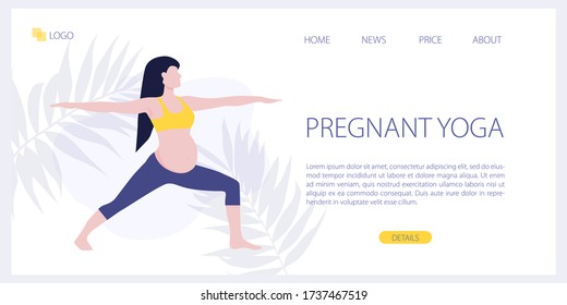 Vector site template of yoga studio or online class. Pregnant yoga fitness concept. Wellness and healthy lifestyle in pregnance. Woman expecting a baby doing yoga exercises. Landing page illustration