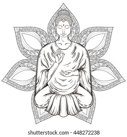 Vector Sitting Buddha God in Lotus pose, isolated on mandala, teaching Buddhism, tattoo art, religion t-shirt print. Monochrome vintage hand drawn illustration. Spiritual, yoga motifs, symbol of Asia.