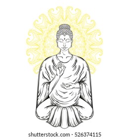 Vector Sitting Buddha in Lotus pose. Buddhism tattoo art, religion t-shirt print. Vintage hand drawn illustration.  Spiritual, yoga motifs, symbol of Tibet, Asia.