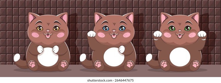 Vetor sentado chocolate gordinho bonito desenhos animados gatinhos com patas e olhos diferentes. Conjunto de gatos fofinhos carnudos. Doces gatinhos favoritos. Animais domésticos marrons. Toon é um chato alegre.