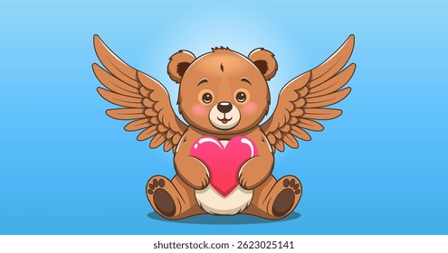 Vetor sentado fofinho pelúcia tipo amigável brinquedo macio ursinho de pelúcia, asas abertas. Anjo ou cupido da barba. Céu, coração, amor e ternura. Dia dos Namorados. Casamento