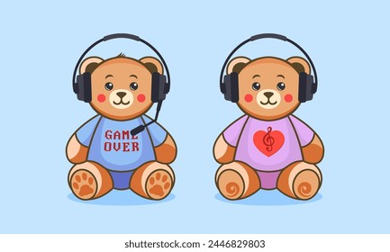 Vector sentado lindo juguetes de dibujos animados osos de peluche en auriculares. Amante de los juegos de ordenador y amante de la música. Fin del juego y clave de agudos. Fondo azul.