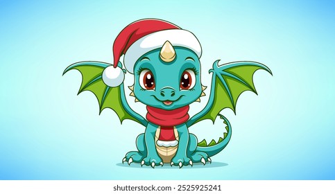 Vector sitting cute cartoon kind smiling and beautiful baby dragon with spread wings, in red scarf and Santa Claus hat. Mythological nice animal. Smiling green toy. Merry Christmas and Happy New Year