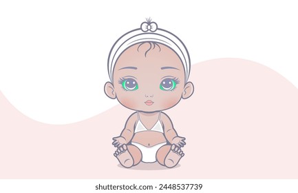 Vector sitting cute little baby doll girl. Kawaii kid with big green eyes. Young beautiful fashionable model with swimsuit.