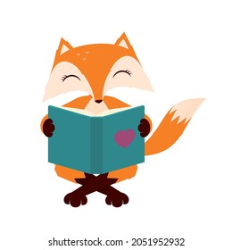 Vektor sitzender Fuchs liest ein Buch. Einzeln auf weißem Hintergrund.