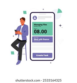 Vector of sitting male managing his task using task management apps on a phone