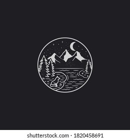 vector of sitting wolf near river with mountain view mono line style illustration.