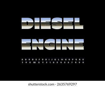Vector Siver logo Diesel Engine. Quality Metallic Font. Reflective Steel Alphabet Letters and Numbers set