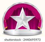 vector siver star on circle stage with pink curtain