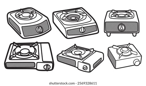 vector six black and white images, line art, simple single burner gas stove