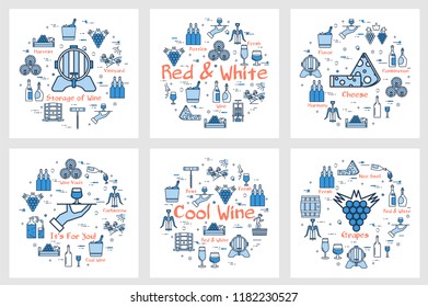 Vector six blue square banners in linear style - of red and white wine, grape, viticulture, winemaking and storage of products