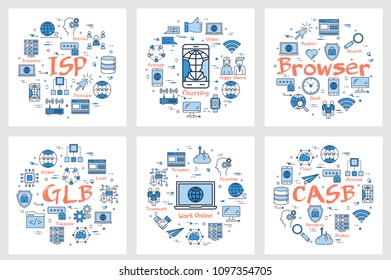 Vector six business square banners - ISP, Chatting, Browser. Internet technology concept